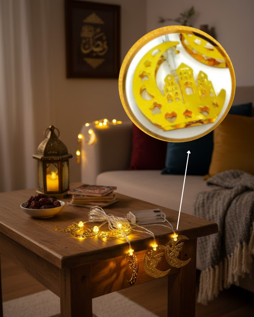 Gold Renk Metal Minareli Hilal LED Işık Pilli Ramazan Süsü - Görsel 3