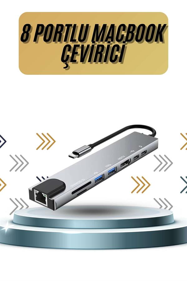8 Portlu Macbook Çevirici Type C Hub SD TF USB Çoğaltıcı Ethernet - Görsel 2