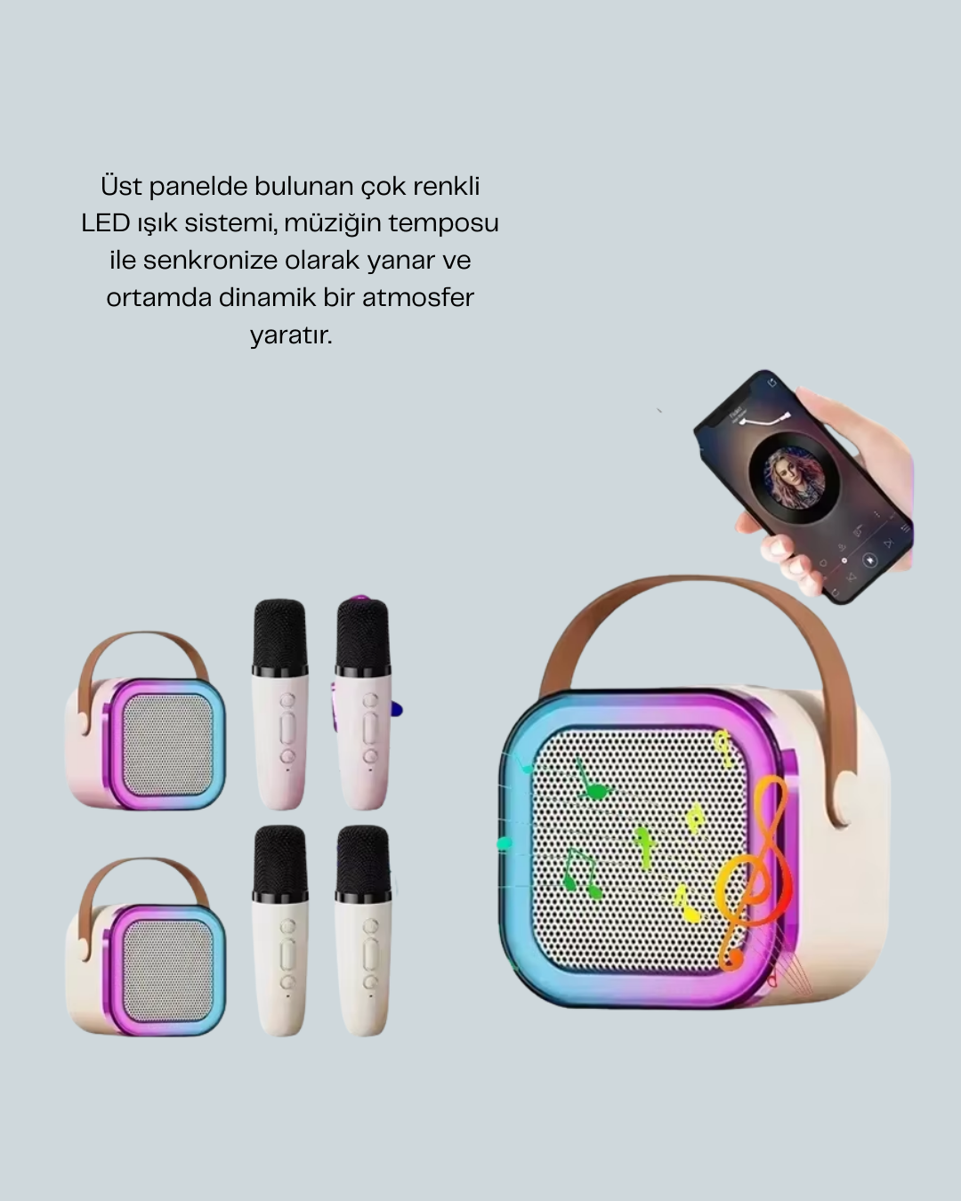 LED Işıklı Taşınabilir Karaoke Hoparlör – USB & AUX Girişli - Görsel 4
