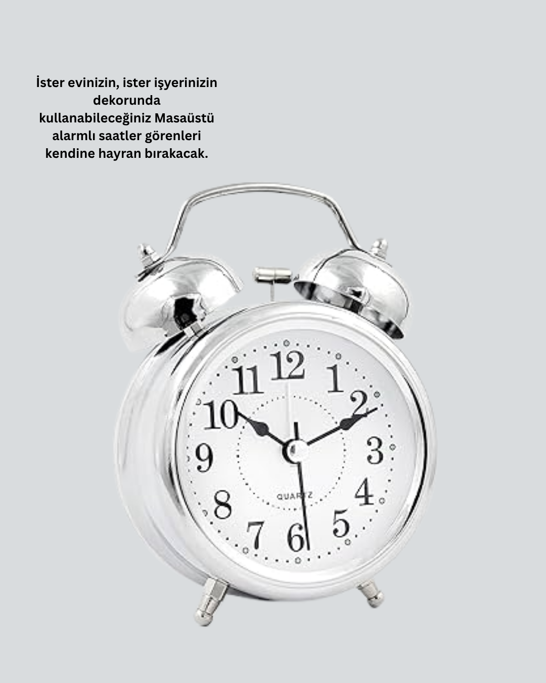 Alarmlı Dekoratif Yuvarlak Masa Saati Gümüş Renk Sessiz ve Işıklı - Görsel 4