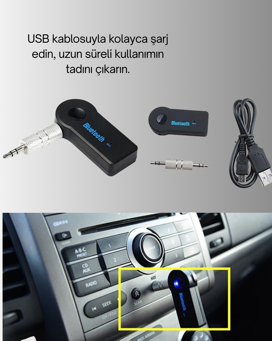 Araç İçi Bluetooth AUX Adaptörü ve Telefon Görüşme Cihazı - Görsel 4