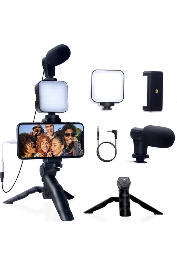 Akıllı Telefon Vlog Kiti Tripod Mini Mikrofonlu Telefon Tutucu - Görsel 5