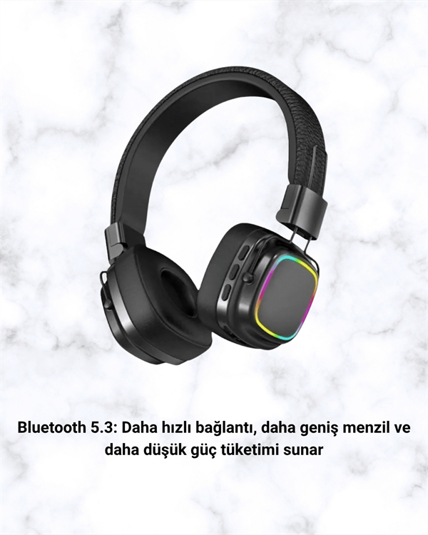 Bluetooth 5.3 Rainbow Işıklı Kulak Üstü Kablosuz Kulaklık - Görsel 3