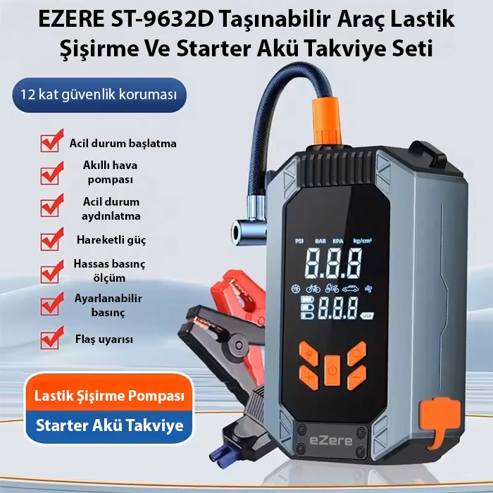 EZERE ST-9632D Taşınabilir Araç Lastik Şişirme Ve Starter Akü Takviye Seti-(5775) - Görsel 3