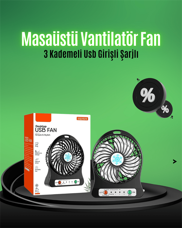 Mini USB Fan – Şarj Edilebilir, Işıklı, 3 Kademe, Taşınabilir Masaüstü Vantilatör - Görsel 2