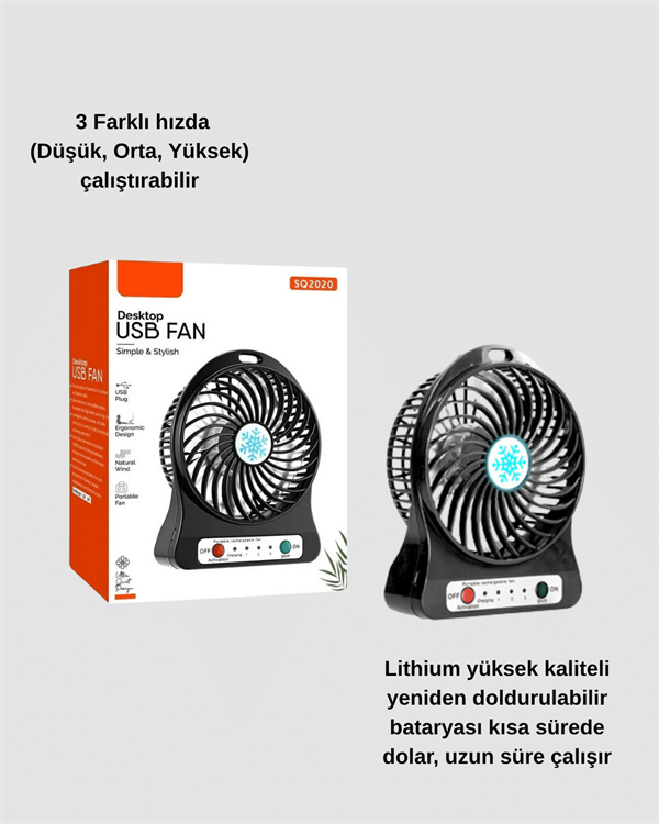 Mini USB Fan – Şarj Edilebilir, Işıklı, 3 Kademe, Taşınabilir Masaüstü Vantilatör - Görsel 3