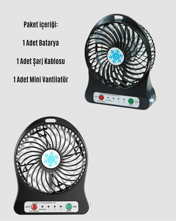 Mini Vantilatör Masaüstü – USB Girişli, Şarjlı, 3 Kademe, Sessiz Motor, Işıklı - Görsel 4