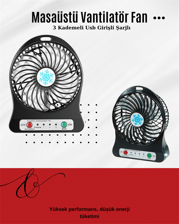 USB Girişli Taşınabilir Masaüstü Mini Fan – 3 Kademeli Hız, Şarjlı, Işıklı, Sessiz Çalışma - Görsel 2