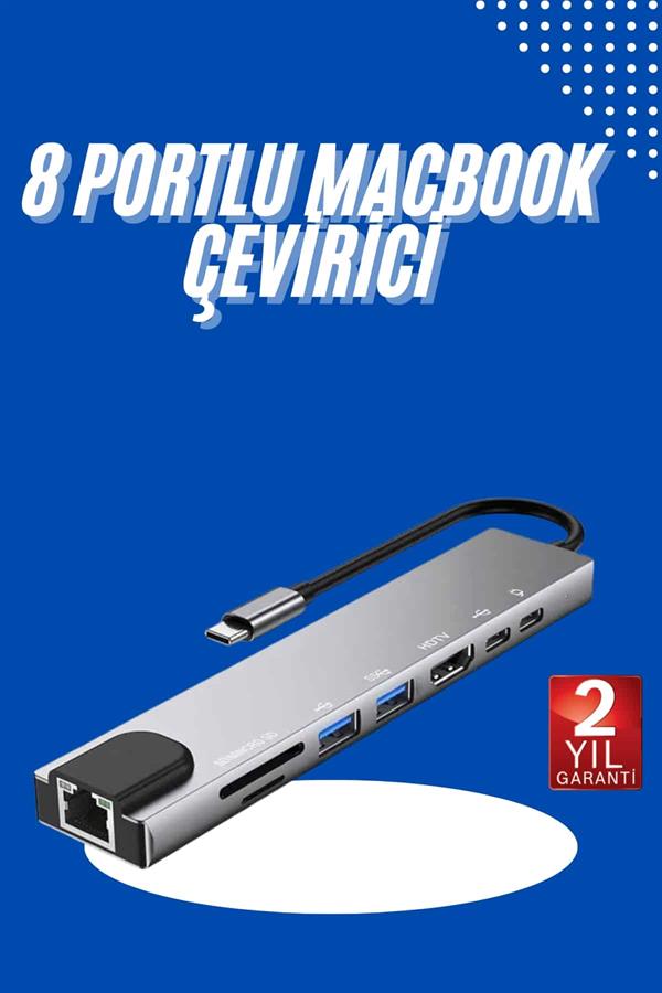 Usb Type-c Hub Dönüştürücü Çevirici Çoklayıcı Macbook Çevirici 8 Portlu - Görsel 2