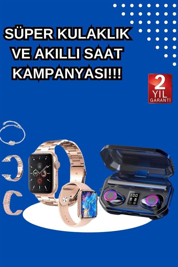 Kadınlar İçin 3 Kordonlu Akıllı Saat ve Dijital Göstergeli Powerbankli Bluetooth Kulaklık Dokunmatik Kontrol - Görsel 2