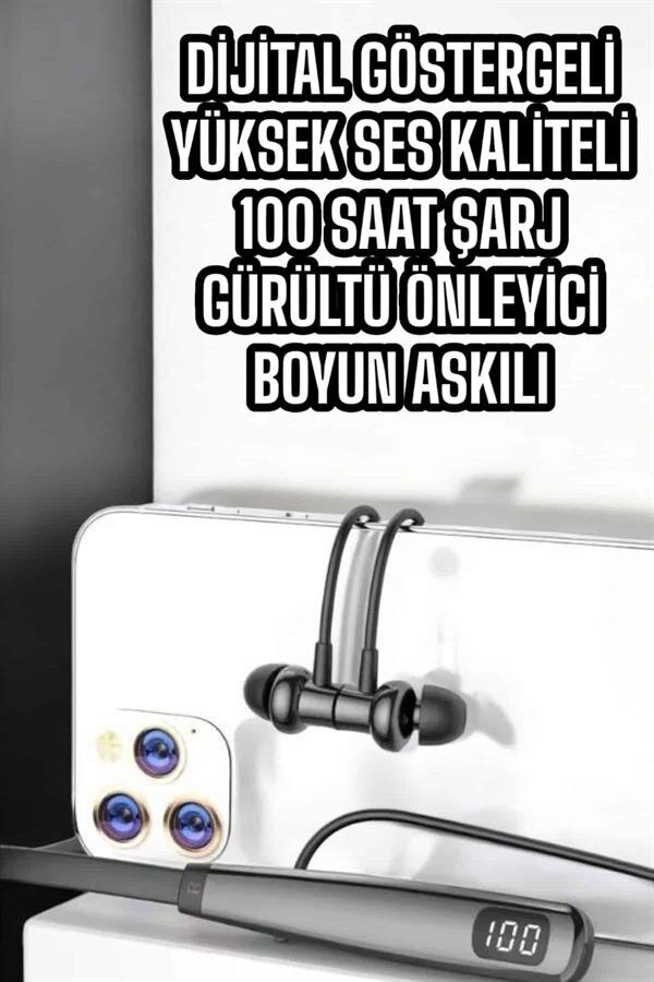 Boyun Askılı Bluetooth Kulaklık Uzun Şarj Süreli Dijital Göstergeli Kablolu - Görsel 4