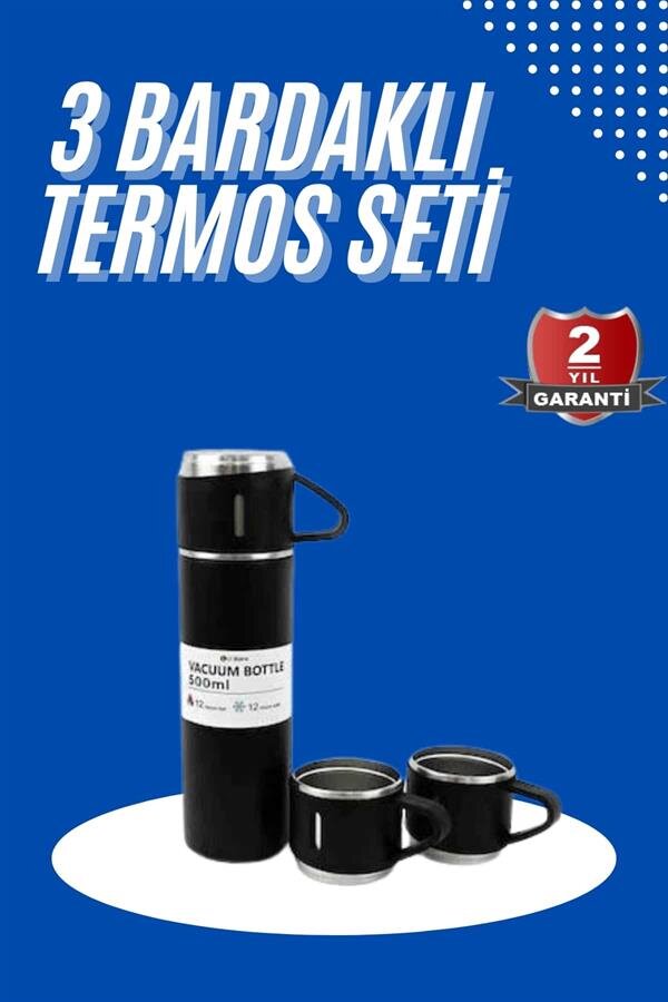 Termos Seti 3'lü Bardak Seti Isı Dayanıklı Siyah Paslanmaz Çelik Vakumlu - Görsel 2