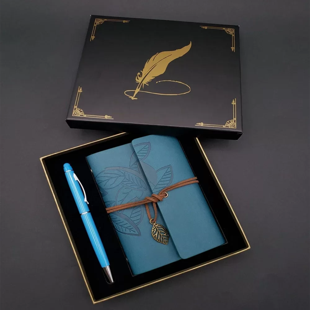Siyah Kutulu Yaprak Desenli Mavi Deri Defter Ve Kalem Seti - Görsel 2