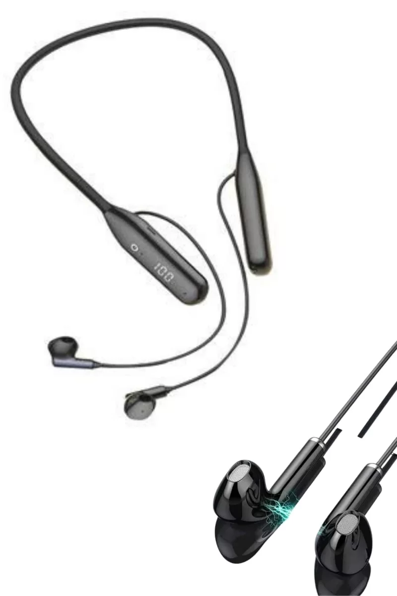 100 Saat Kablolu Boyun Askılı Dijital Göstergeli Bluetooth Kulaklığı - Görsel 3