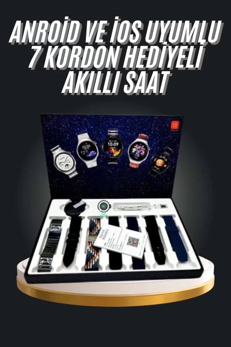 7 Kordonlu Akıllı Saat Siyah Kasa Dokunmatik Ekran Uyku ve Sağlık Takibi