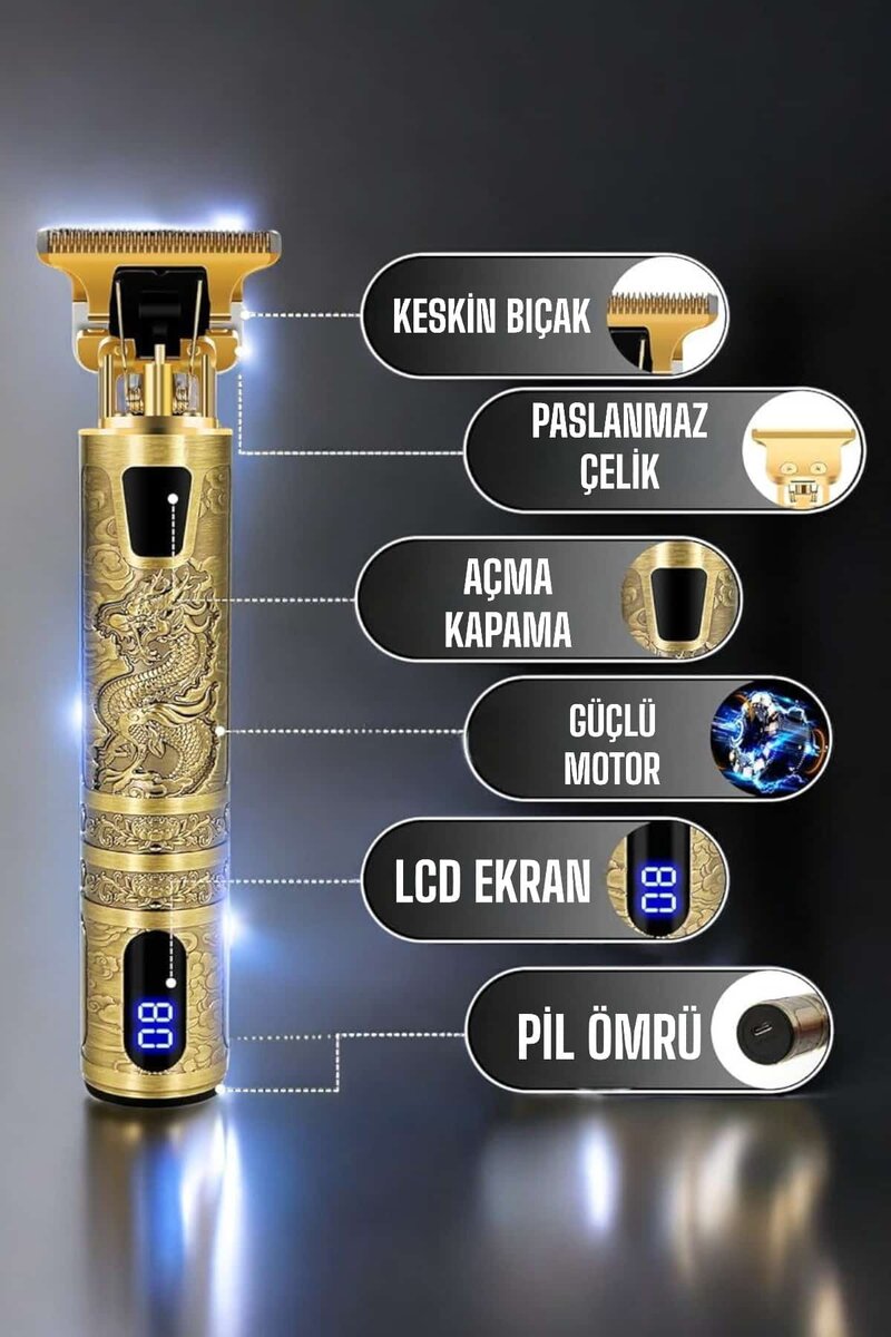 Tıraş Makinesi Şarjlı Profesyonel Saç Kesme Makinesi Gold Çizik Tıraş - Görsel 2