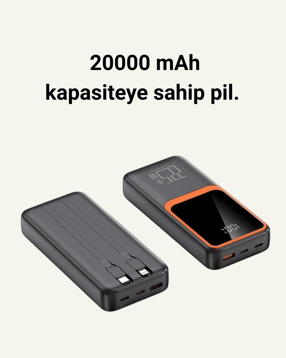 20000 mAh Powerbank | Çok Kablolu Dijital Göstergeli Yüksek Hızlı Şarj Cihazı - Görsel 2