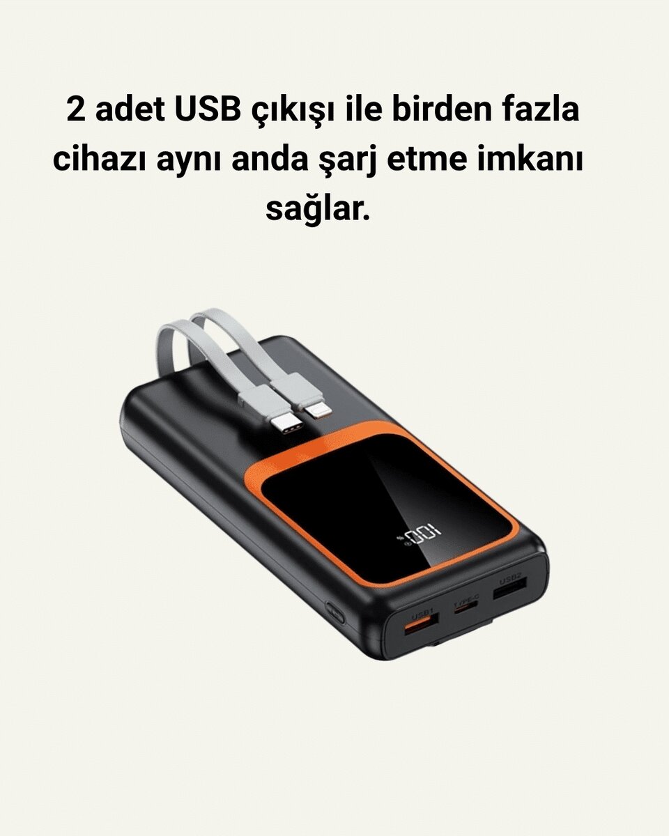 Dijital Ekranlı 20.000 mAh Powerbank | 22.5W Hızlı Şarj + Çoklu Bağlantı Seçeneği - Görsel 4