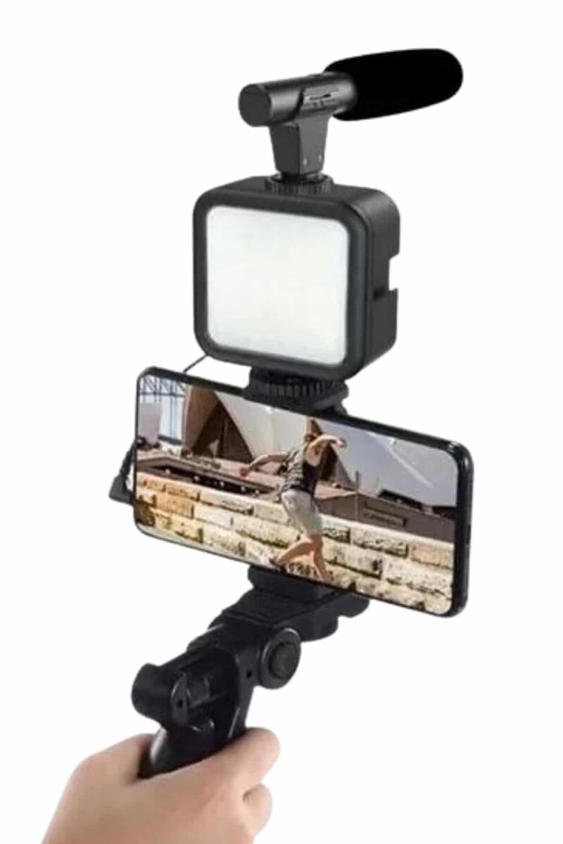 Telefon Tutucu Mini Mikrofonlu Tripod Vlog Çekim Video - Görsel 3