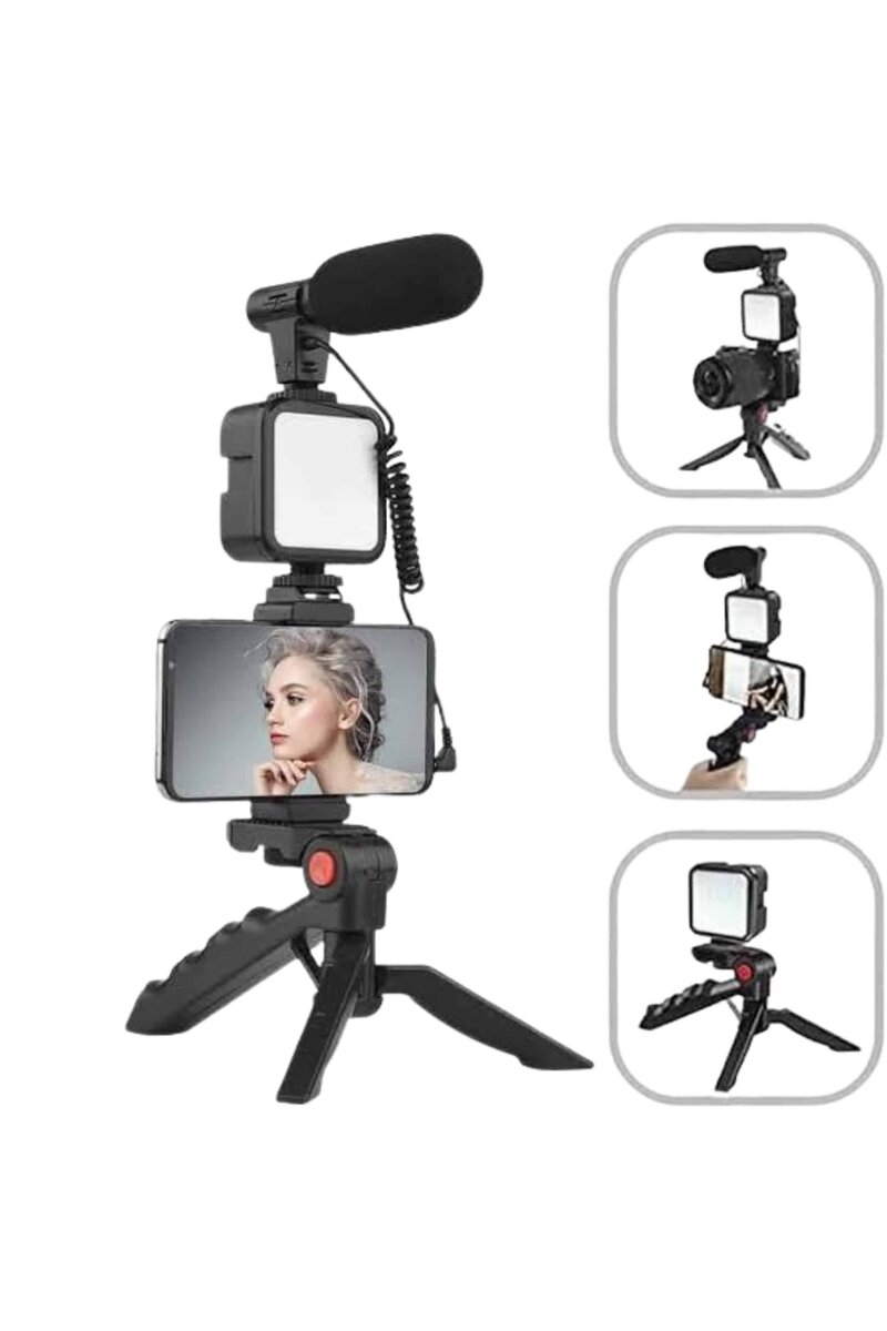 Akıllı Telefon Vlog Kiti Tripod Mini Mikrofonlu Telefon Tutucu - Görsel 2