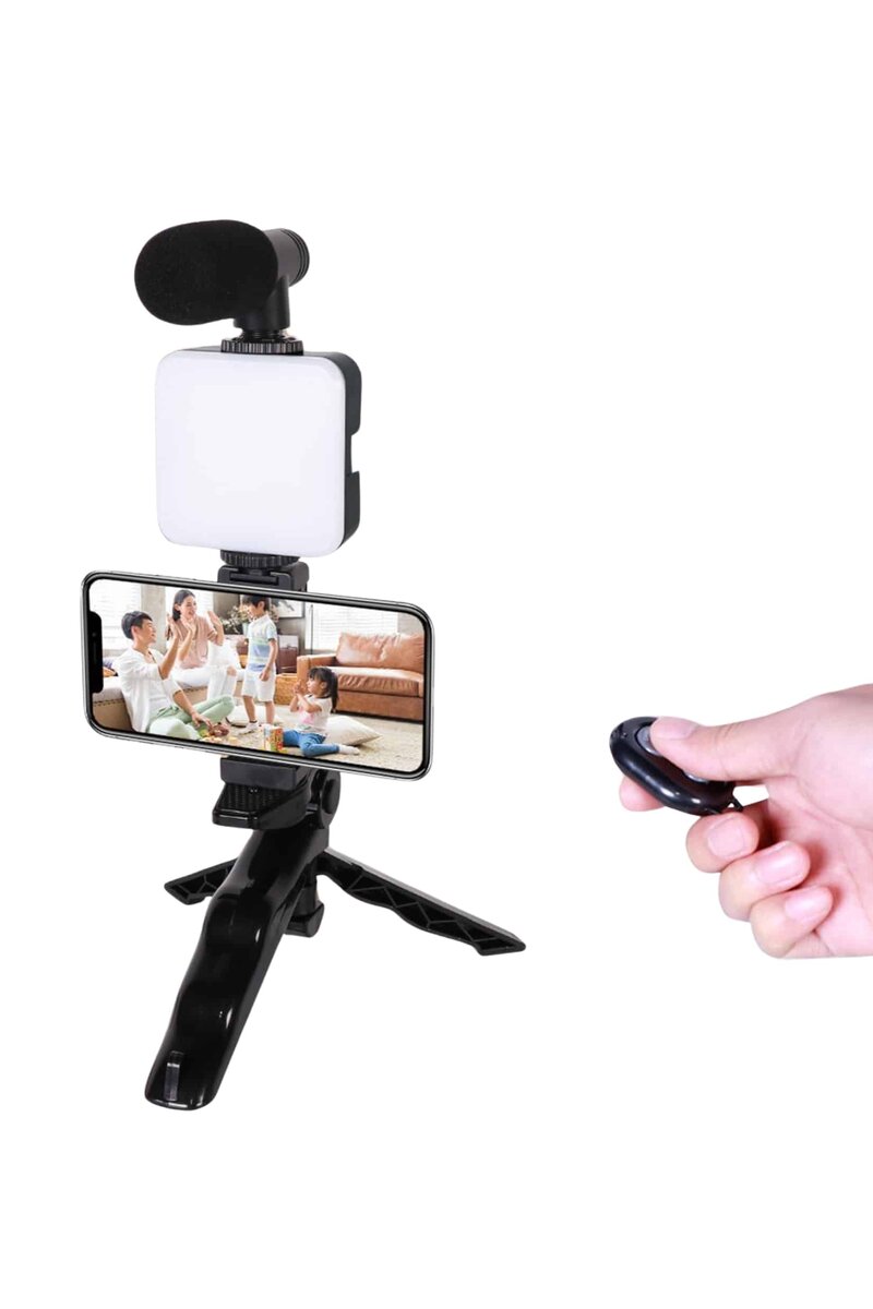 Telefon Tutucu Led Işıklı Kumandalı Mikrofon Telefon Vlog Video Kayıt - Görsel 2