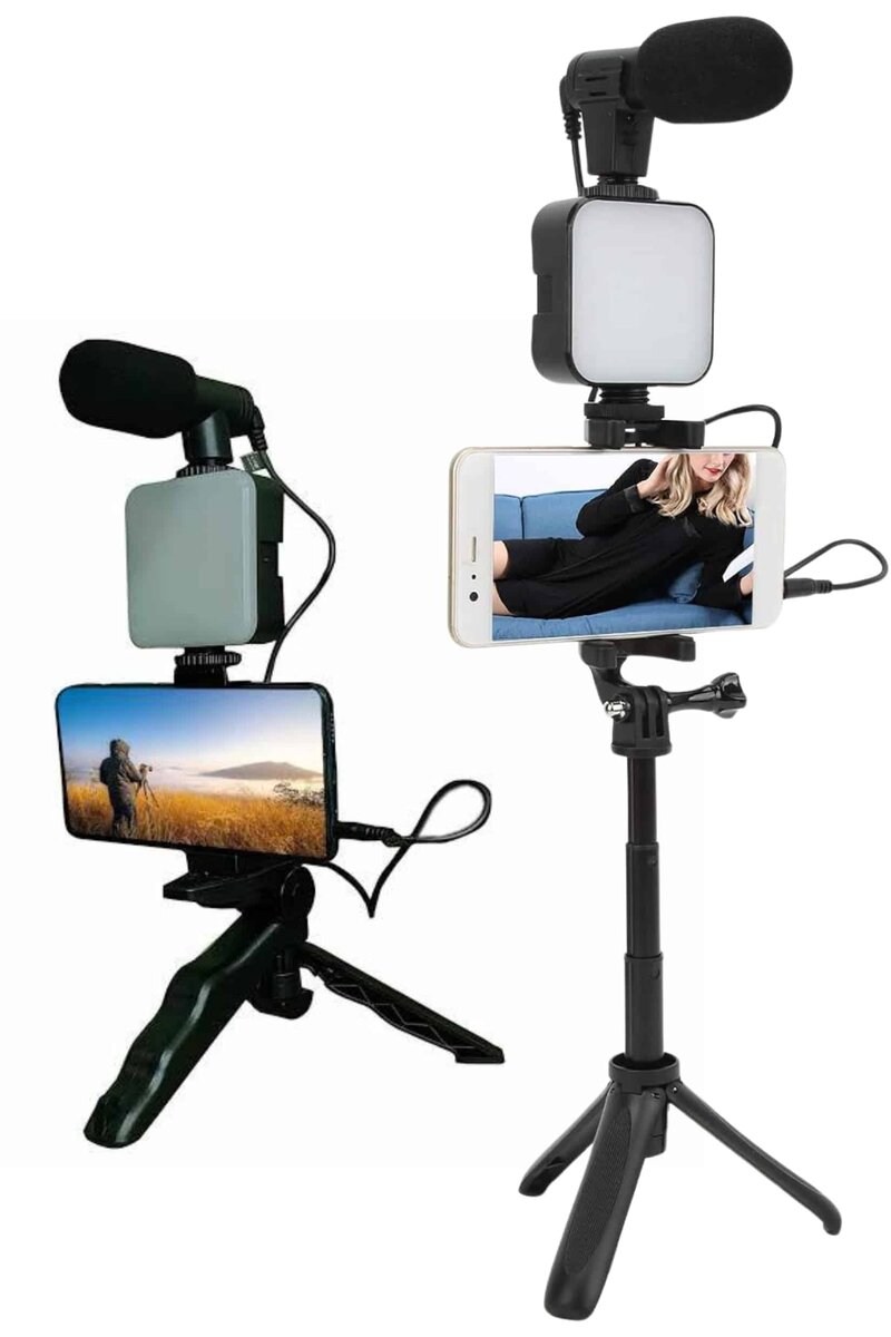Telefon Tutucu Led Işıklı Kumandalı Mikrofon Telefon Vlog Video Kayıt - Görsel 4