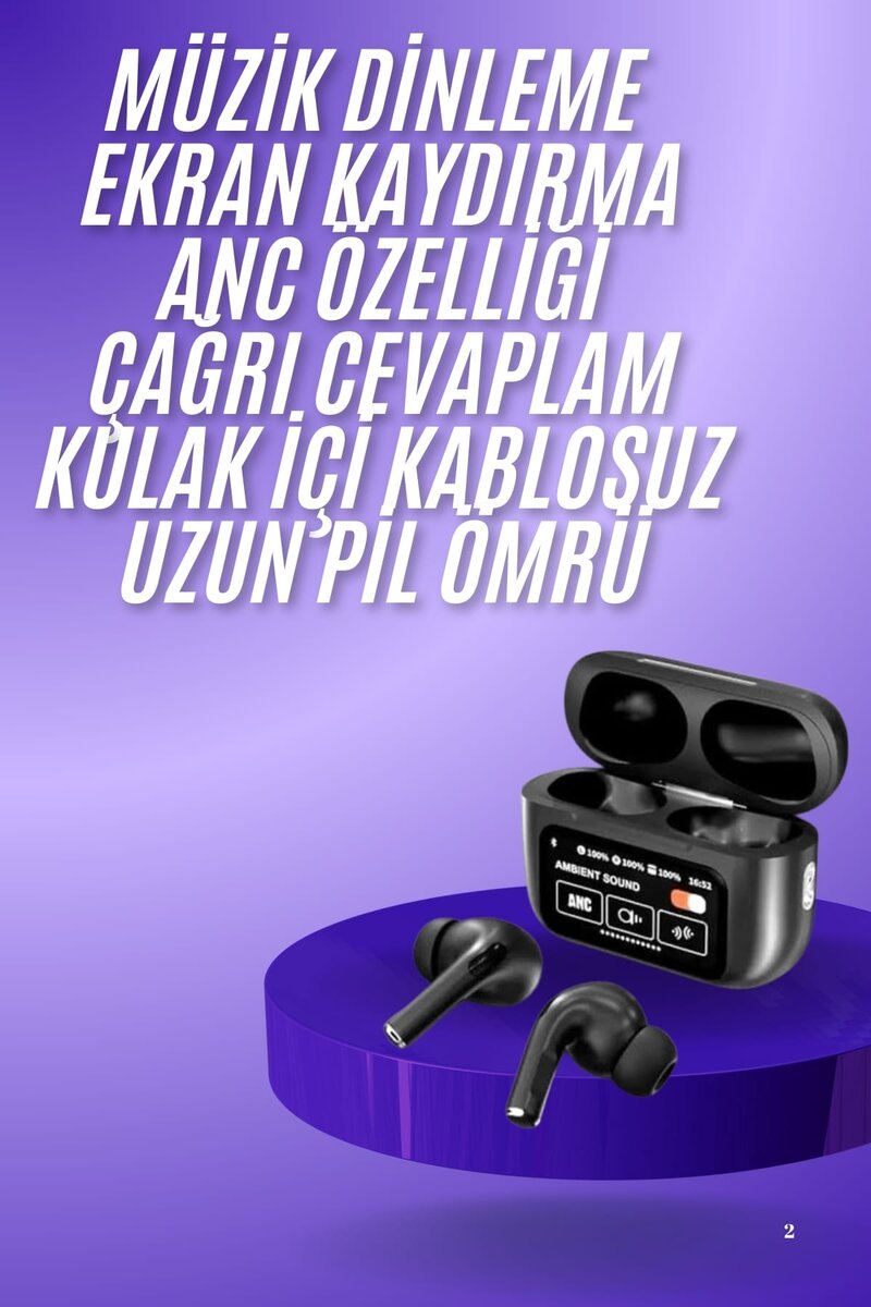 Yeni Nesil ANC Özellikli Çağrı Cevaplayan Dokunmatik Ekranlı Bluetooth Kulaklık Siyah - Görsel 2