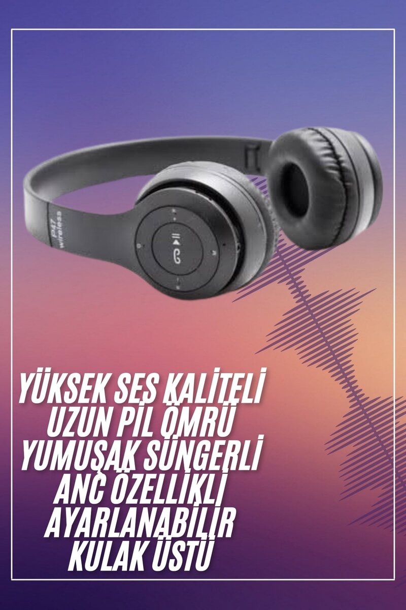Bluetooth Kablosuz Kulaklık Siyah Wireless 5.0 Kulak Üstü Uzun Pil Ömrü - Görsel 2
