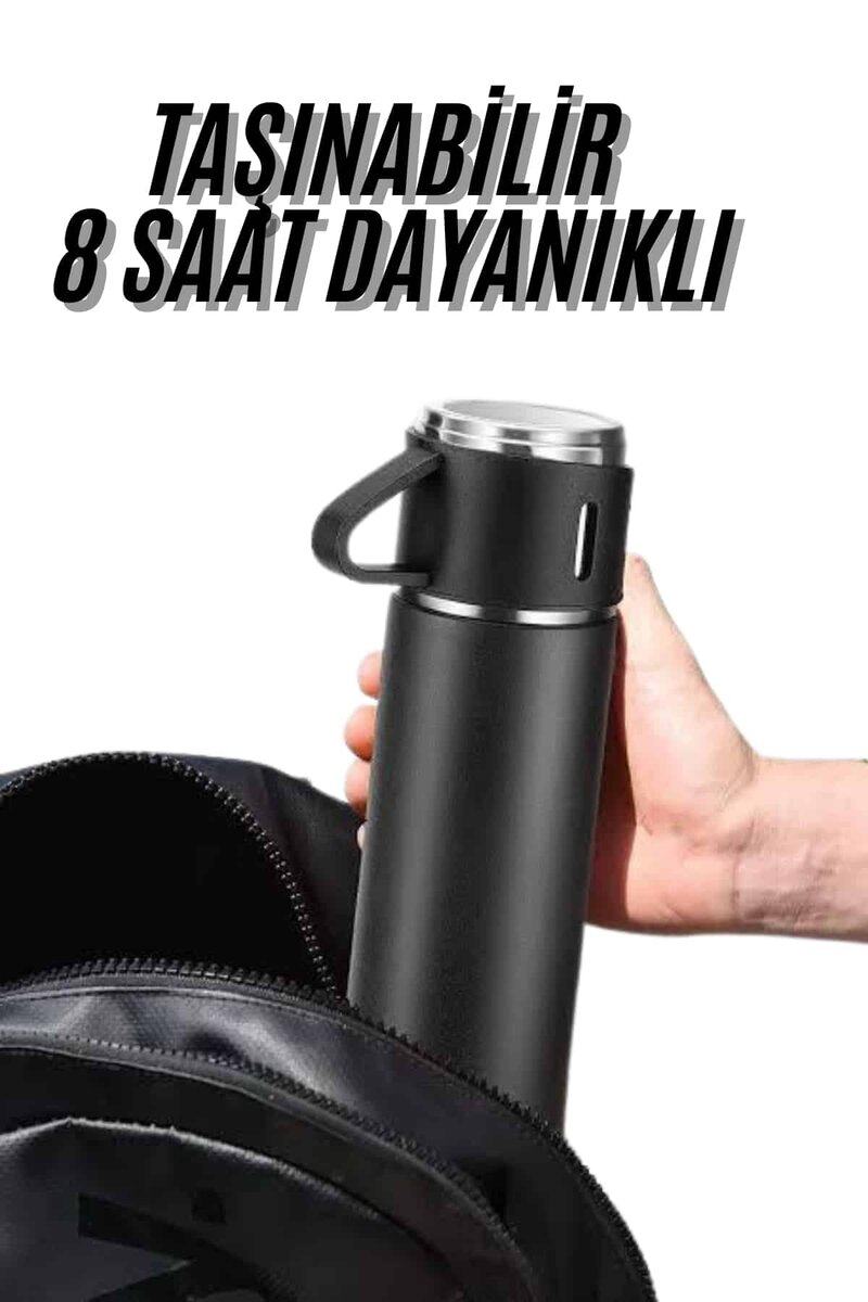 Termos Seti 3'lü Bardak Seti Isı Dayanıklı Siyah Paslanmaz Çelik Vakumlu - Görsel 2