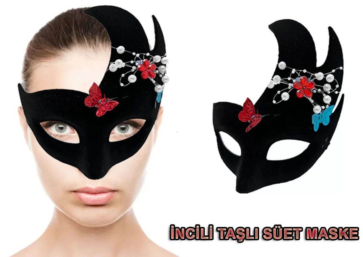 Siyah İncili Taşlı Süet Venedik Parti Maskesi - Görsel 2