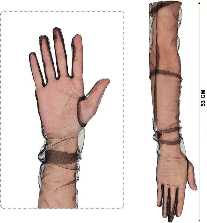 Uzun Boy Likralı Siyah Yetişkin Mega Tül Eldiven - Görsel 3