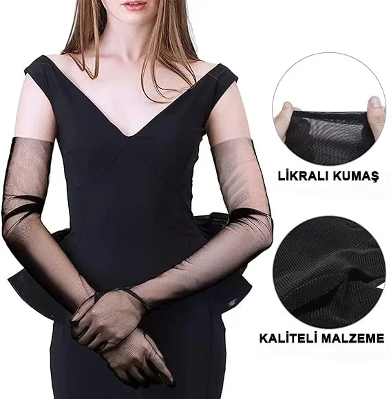 Uzun Boy Likralı Siyah Yetişkin Mega Tül Eldiven - Görsel 4
