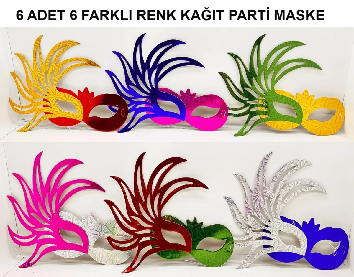 Rengarenk Kağıt Parti Balo Maskesi 6 Adet