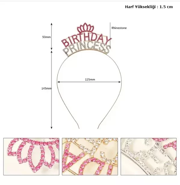 Kristal Taşlı Birthday Princess Yazılı Parti Tacı Pembe Renk - Görsel 2
