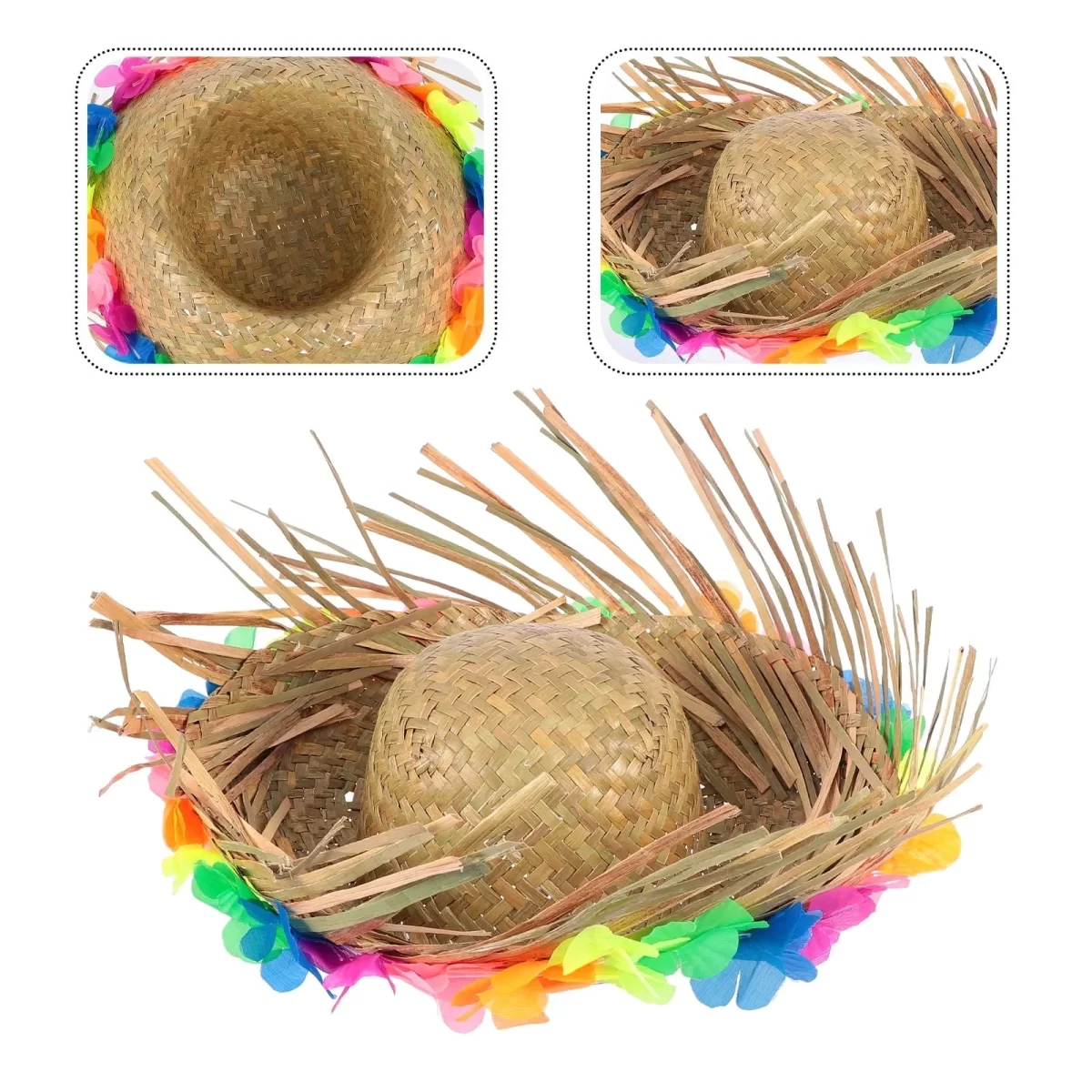 Natural Renkli Püsküllü Örme Hasır Hawaii Şapka