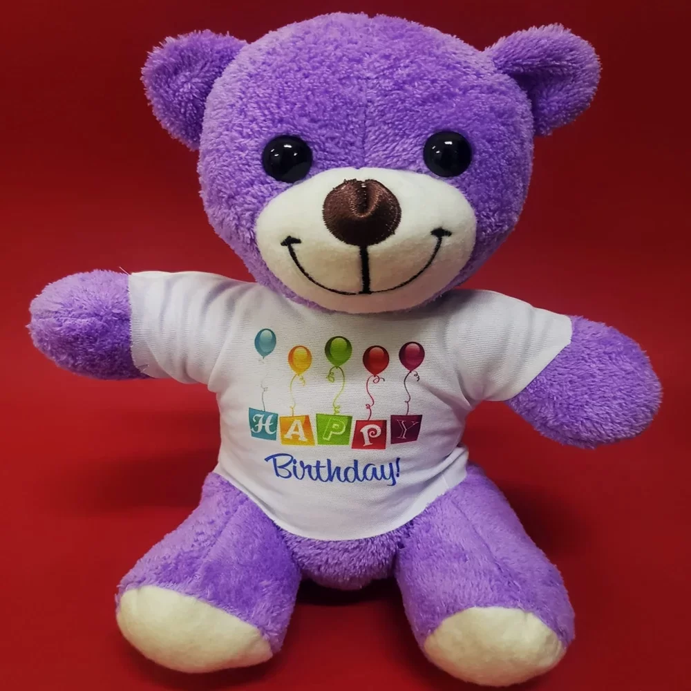 Happy Birthday Tişörtlü Peluş Mor Ayıcık - Görsel 2