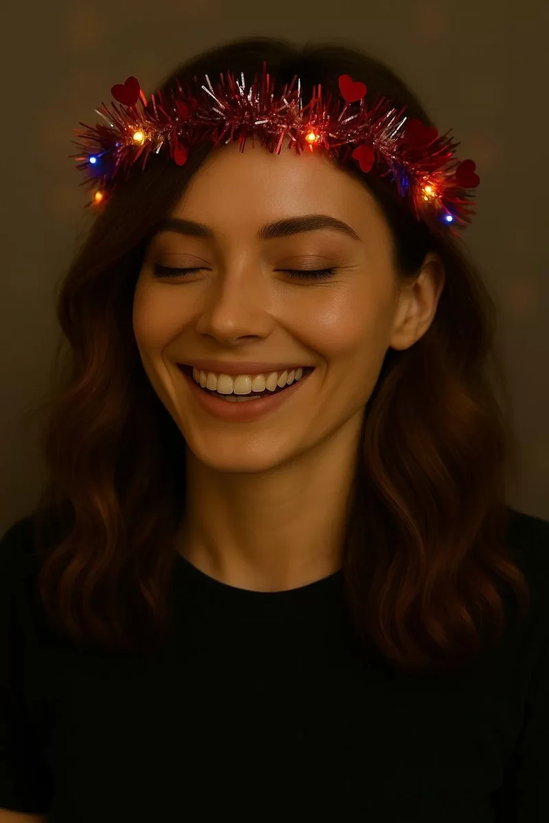 Kalp Püsküllü 3 Modlu LED Işıklı Taç Kırmızı Renk - Görsel 2