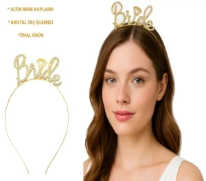 Altın Renkli Taşlı “Bride” Gelin Tacı