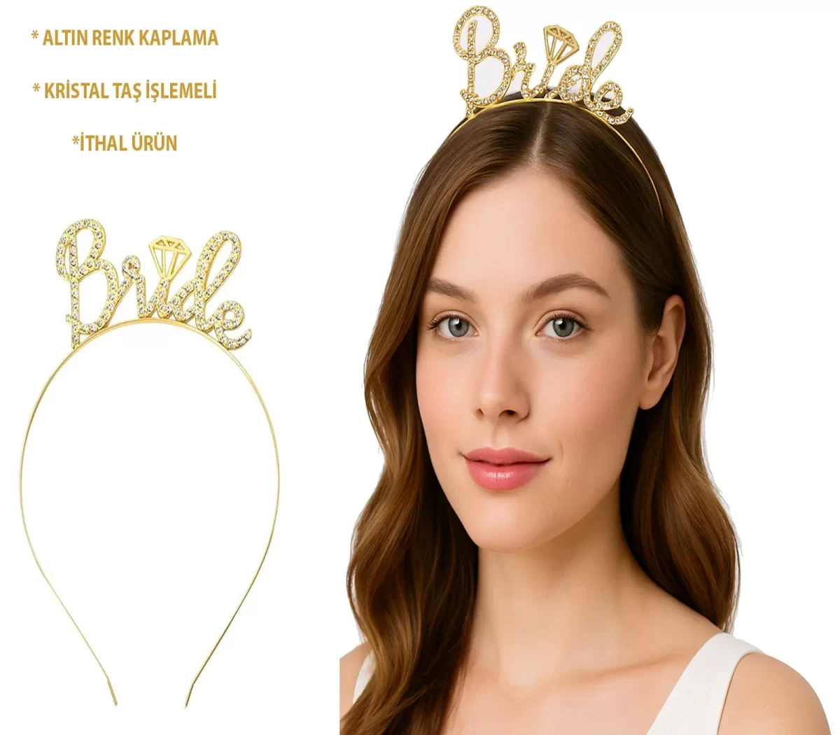 Altın Renkli Taşlı “Bride” Gelin Tacı