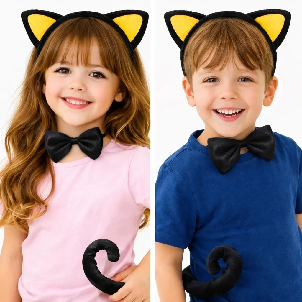 Sarı Kulaklı Kedi Kostüm Seti – Taç, Papyon, Kuyruk - Görsel 2