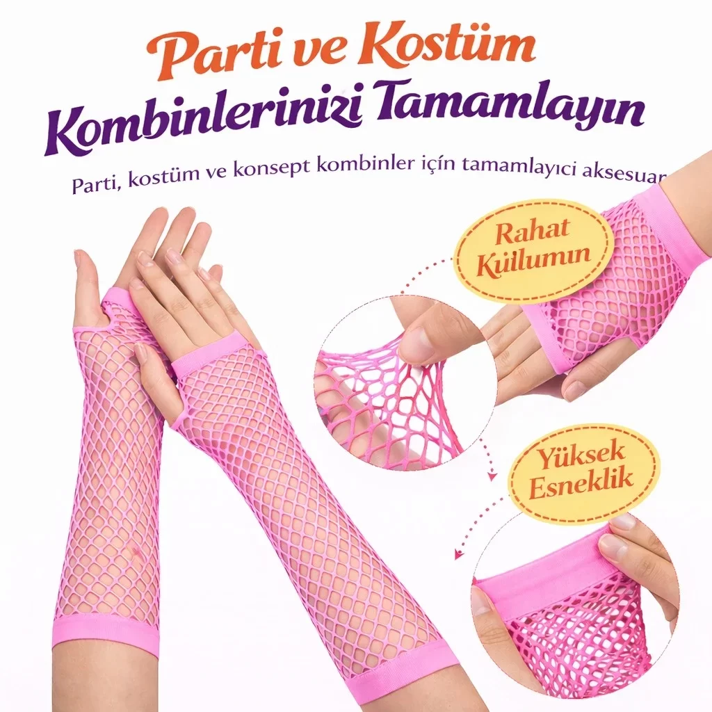 Retro Neon Pembe File Parmaksız Eldiven 26 cm - Görsel 2