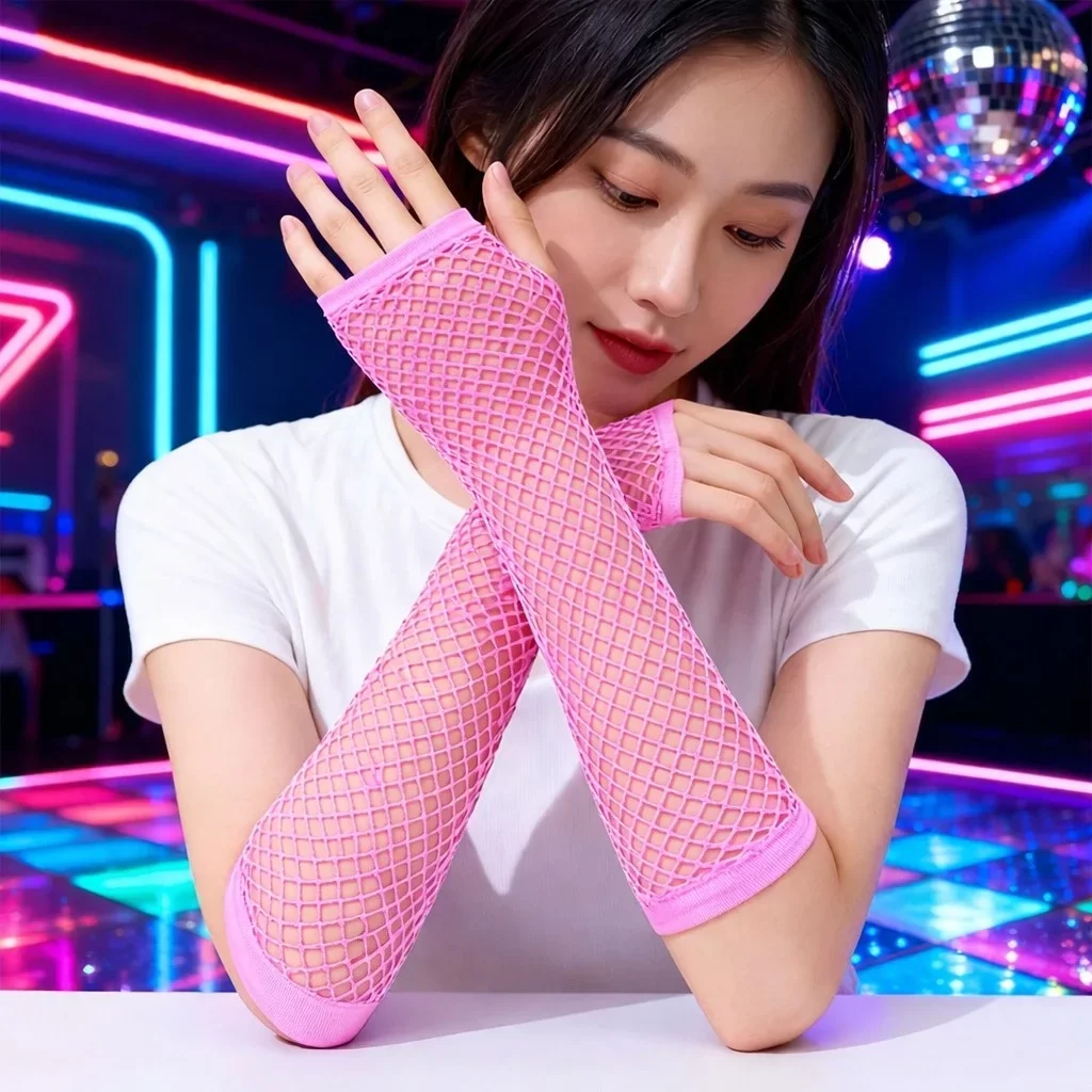 Retro Neon Pembe File Parmaksız Eldiven 26 cm - Görsel 3