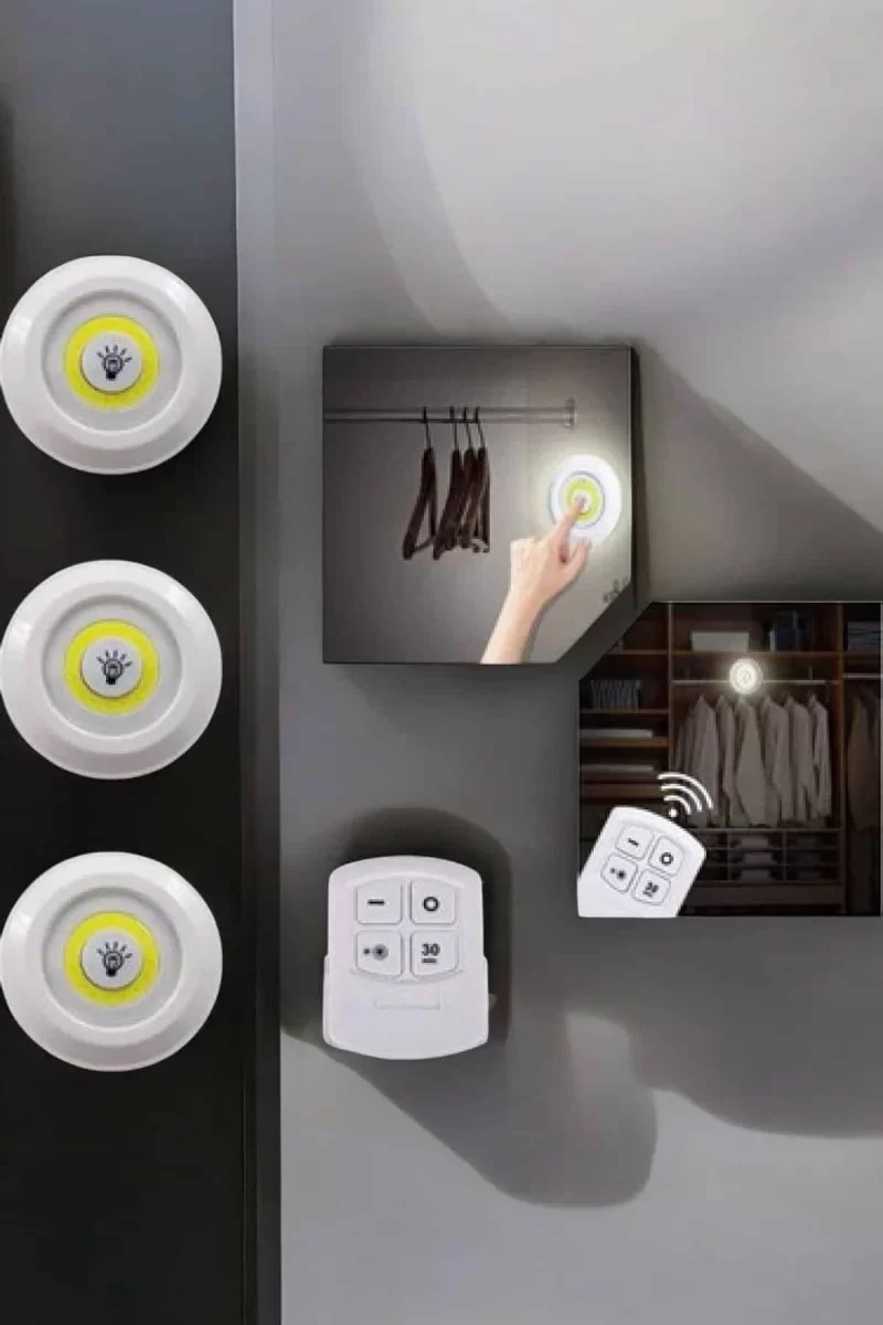 Spot Lamba Led Işık 3'lü Uzaktan Kumandalı Pilli Yapışkanlı Kablosuz - Görsel 4