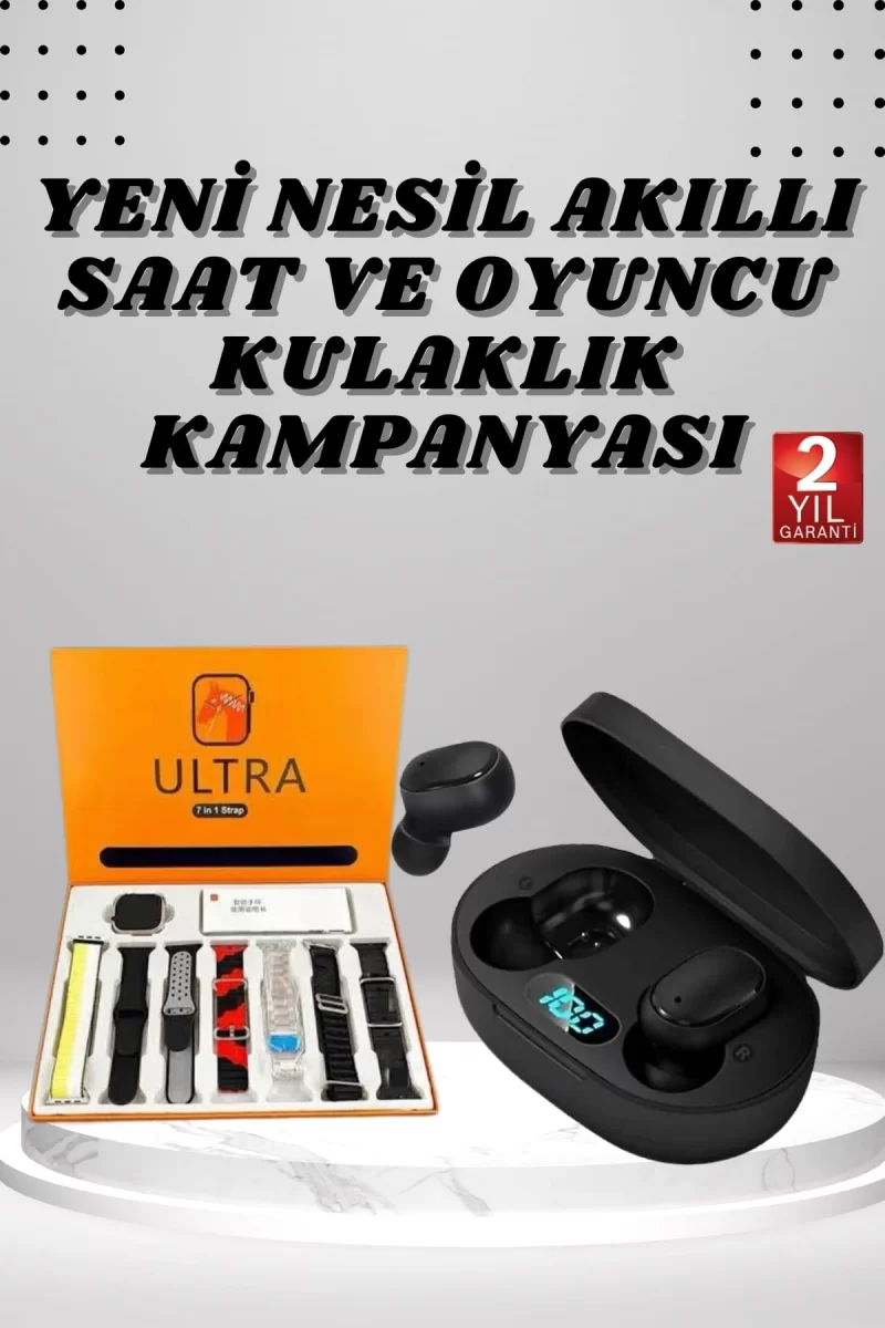 Dijital Göstergeli Kulaklık ve 7 Kordonlu Akıllı Saat Android ve İOS Uyumlu Uyku Takibi Sesli Görüşme