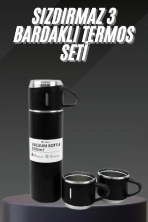 Termos Seti Paslanmaz Çelik 3 Bardaklı Vakumlu Termos Set 500 Ml 12 Saate Kadar Isı Koruma