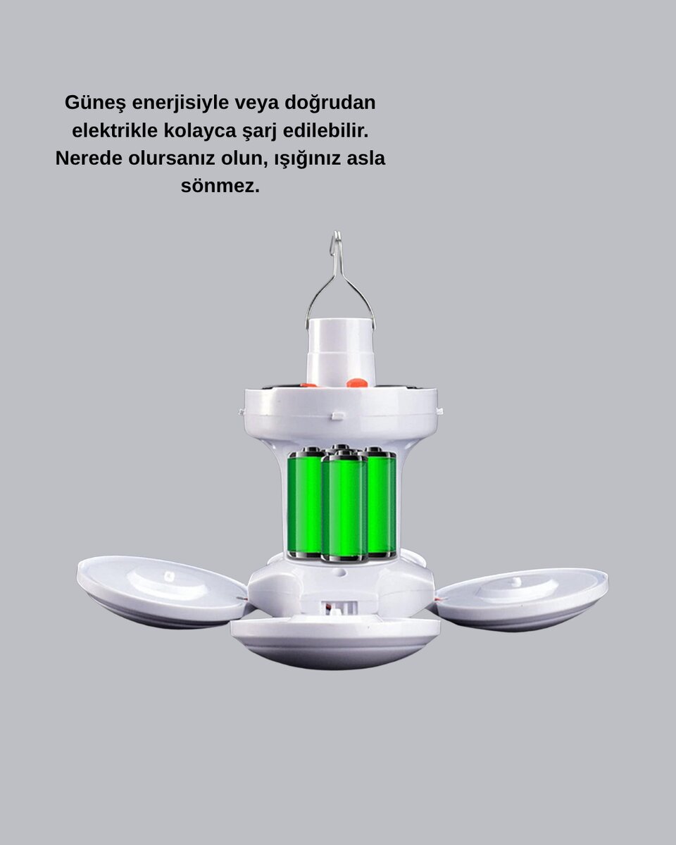 Güneş Enerjili ve USB Şarjlı LED Kamp Lambası – 5 Farklı Işık Modlu Askılı Tasarım - Görsel 3