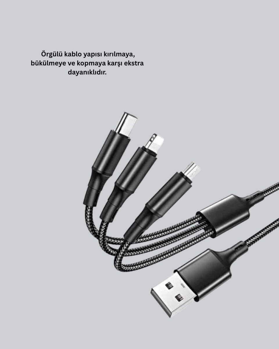 3’ü 1 Arada Hızlı Şarj Kablosu – iOS Android Type-C Uyumlu - Görsel 3