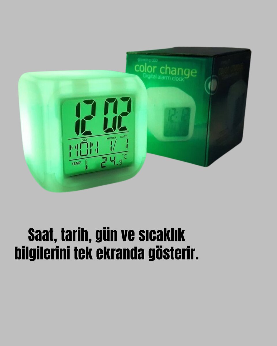 Termometre ve Takvim Özellikli 7 Renk Değiştiren Küp Alarm Saati - Görsel 3