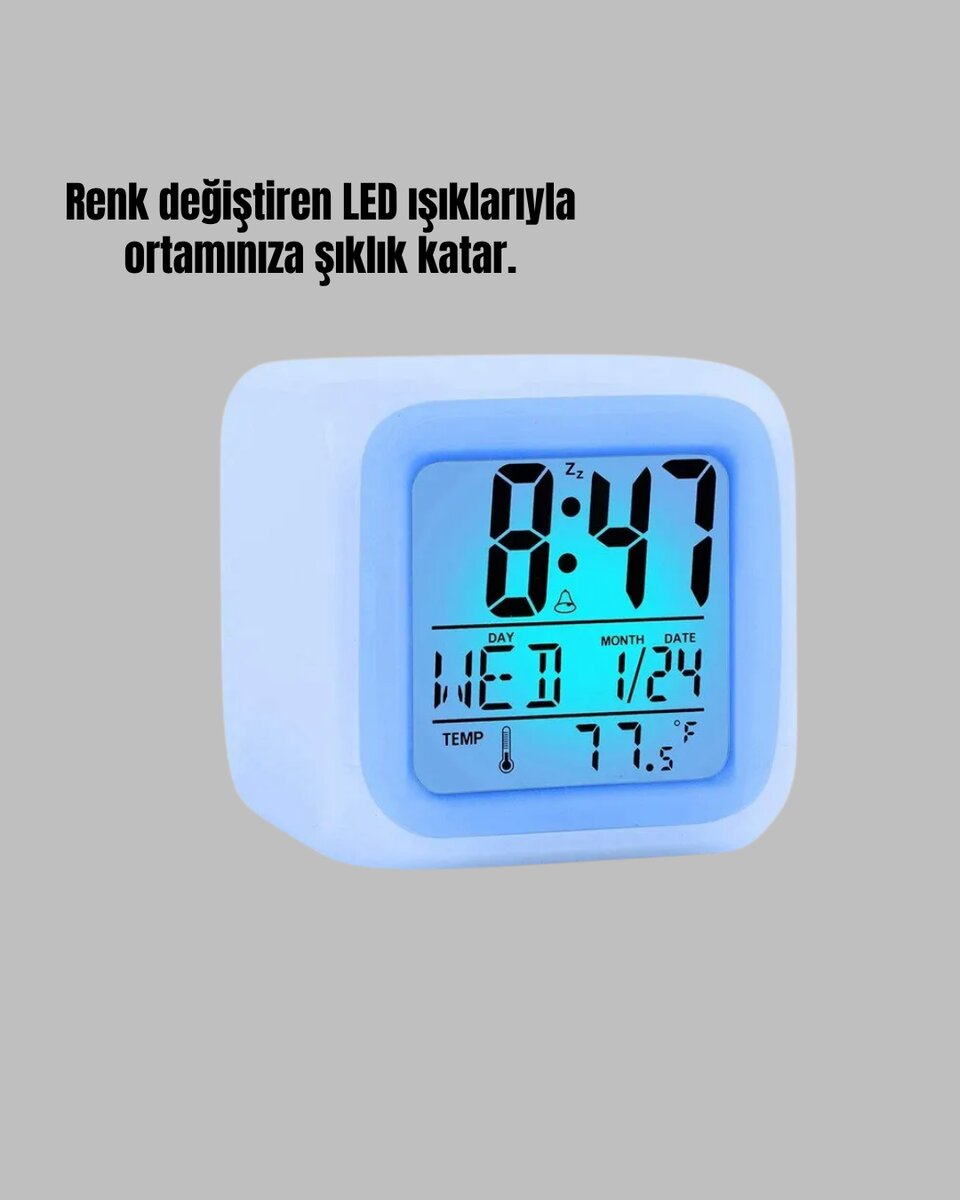7 Renk LED Işıklı Alarmlı Dijital Küp Masa Saati Termometreli - Görsel 5