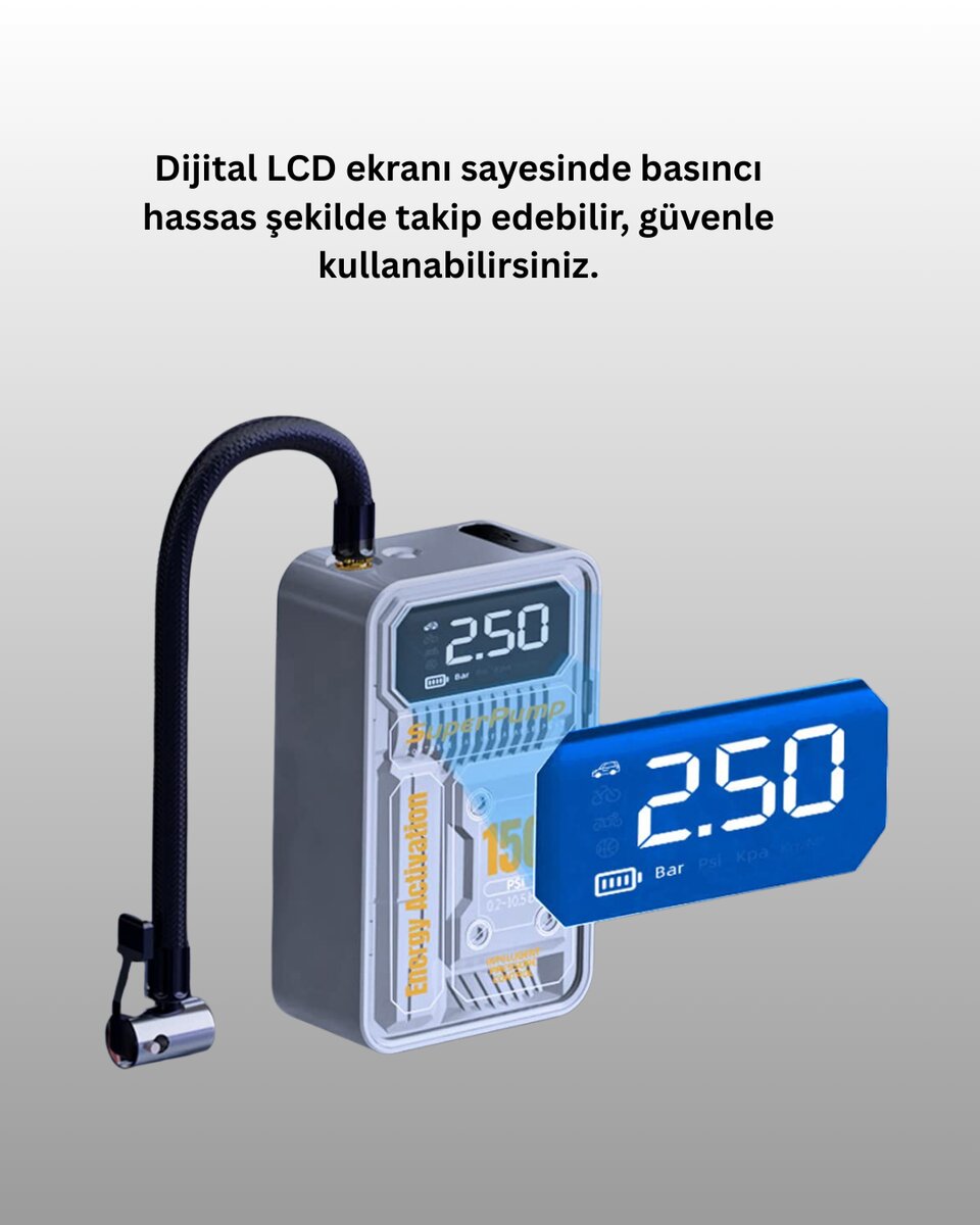 150 PSI Kablosuz Dijital Ekranlı Taşınabilir Araç Lastik Pompası - Görsel 2